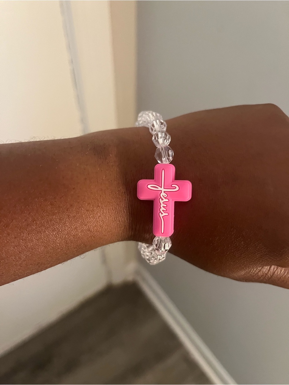 Pink Cross Bead Stretch Bracelet - Clear Beads